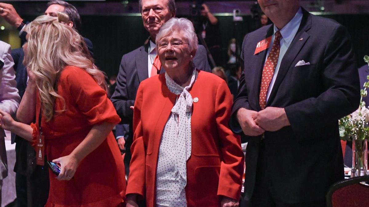 Alabama Gov. Kay Ivey listens to former President Donald Trump speak during the Alabama Republican Party’s Summer meeting at the Renaissance Montgomery Hotel on Aug. 4, 2023, in Montgomery, Alabama. (Julie Bennett/Getty Images/TNS)