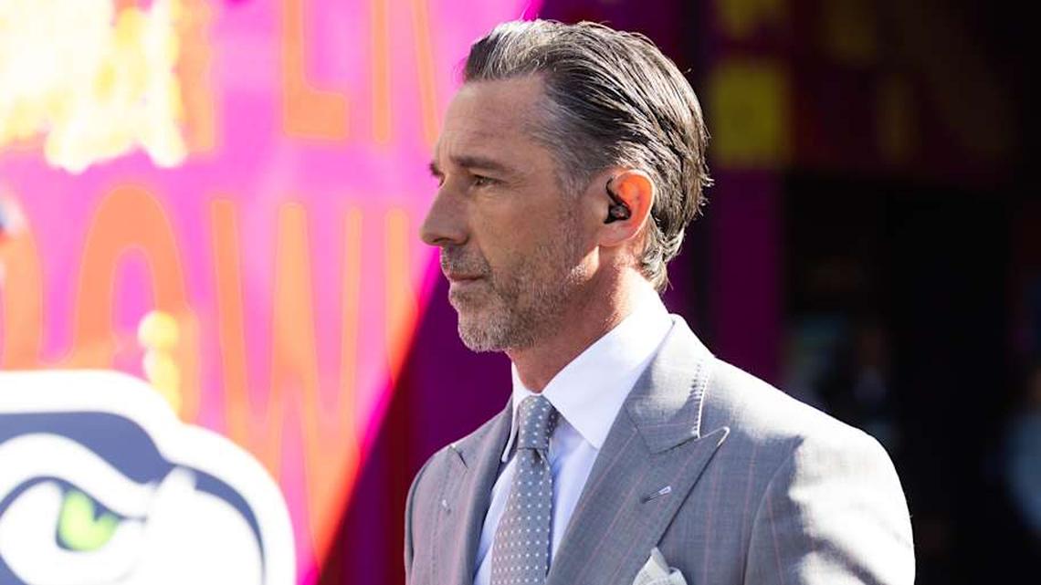  Feb 8, 2026; Santa Clara, CA, USA; NBC Sports analyst Kyle Shanahan prior to the New England Patriots game against the Seattle Seahawks in Super Bowl LX at Levi's Stadium. Mandatory Credit: Mark J. Rebilas-Imagn Images | Mark J. Rebilas-Imagn Images 