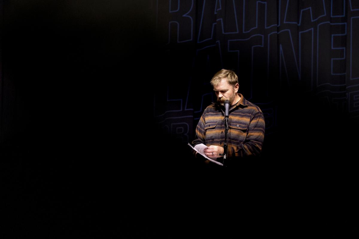 FILE -- Graham Platner, a Democratic candidate for the U.S. Senate, speaks during a town hall at the Biddeford Performing Arts Center in Biddeford, Maine, Nov. 19, 2025. Some Gen Z men who voted for Donald Trump are dismayed by his time in office, but say they don't hear an appealing pitch from Democrats, either. (Gabe Souza/The New York Times)
