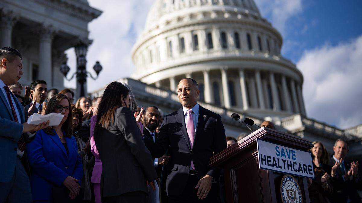 House Minority Leader Hakeem Jeffries (D-New York) greets Rep. Luz Rivas (D-Los Angeles) during a rally with House Democrats on the steps of the U.S. Capitol in November. 