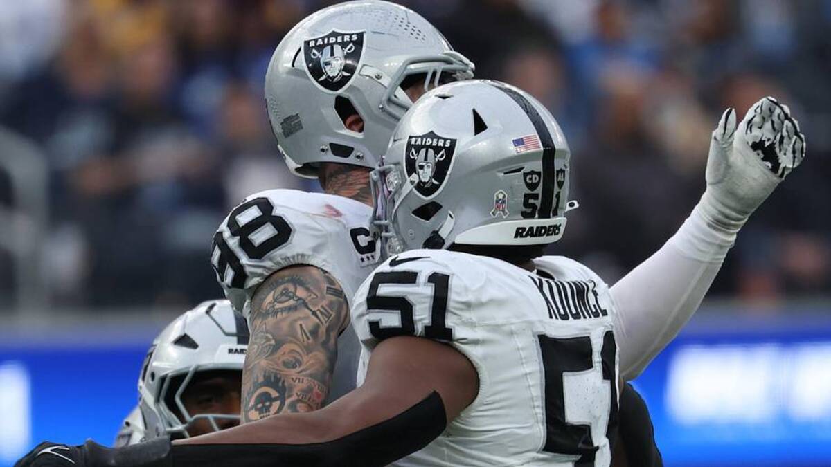  Nov 30, 2025; Inglewood, California, USA; Las Vegas Raiders defensive end Malcolm Koonce (51) reacts after sacking Los Angeles Chargers quarterback Justin Herbert (not pictured) during the second half at SoFi Stadium. Mandatory Credit: Kiyoshi Mio-Imagn Images | Kiyoshi Mio-Imagn Images 