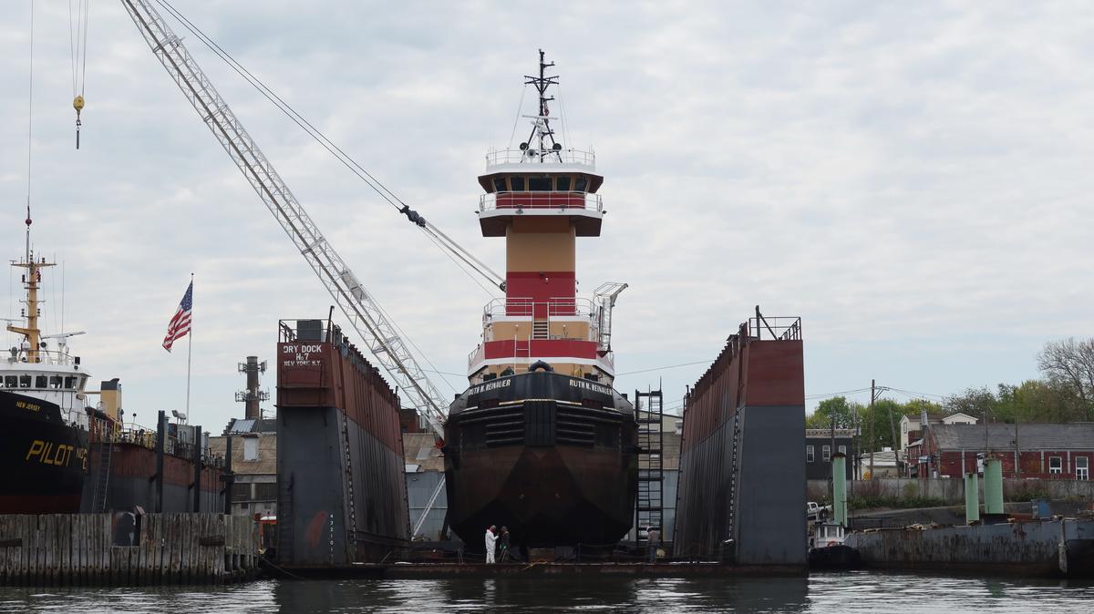 Dry Dock Boat Yard in New York City. NEW YORK, NY - APRIL 27: A tugboat sits in dry dock at a boatyard on Staten Island on April 27, 2021 in New York City.  (Photo by Gary Hershorn/Getty Images)