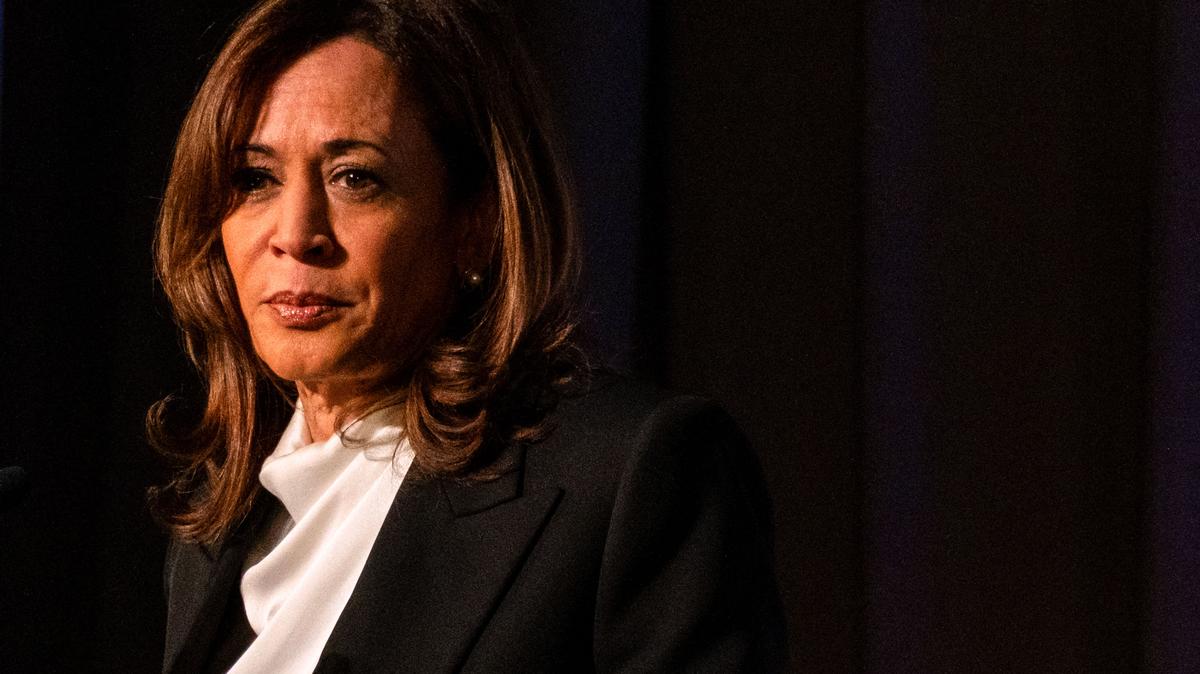 Former Vice President Kamala Harris pauses as she speaks at the Emerge 20th Anniversary Gala in San Francisco, on April 30.
