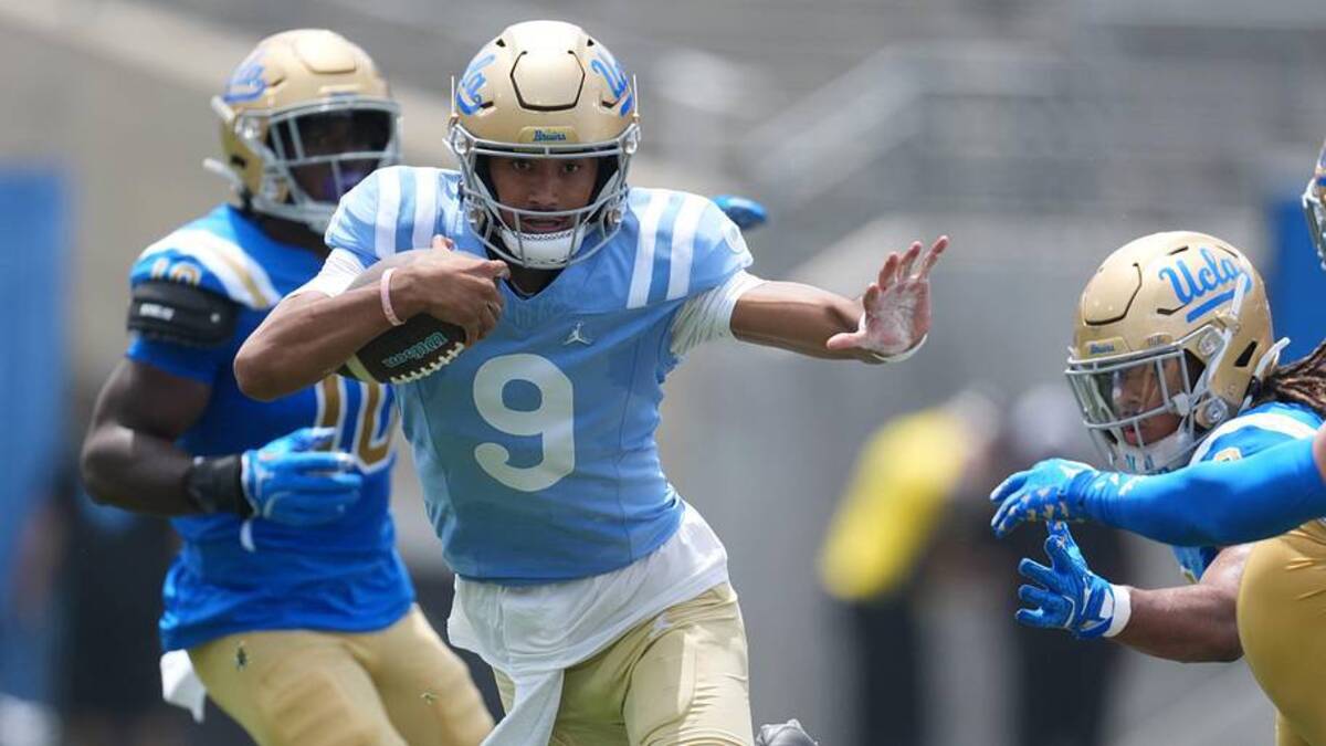  May 2, 2026; Pasadena, CA, USA; UCLA Bruins quarterback Nico Iamaleava (9) carries the ball during the spring game at Rose Bowl. Mandatory Credit: Kirby Lee-Imagn Images | Kirby Lee-Imagn Images 