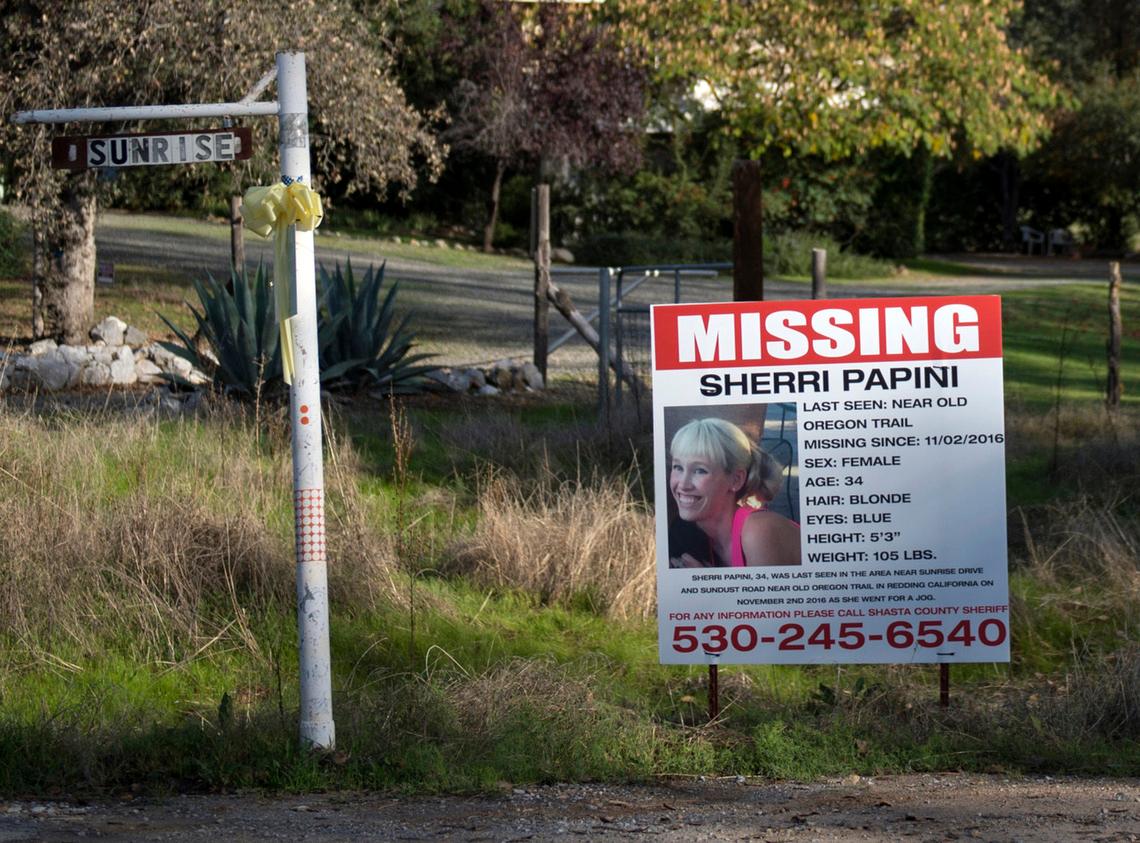In this Nov. 10, 2016, file photo, a “missing” sign for Sherri Papini is seen near the location where the mom of two was believed to have gone missing while on an afternoon jog. Papini, whose disappearance and mysterious reappearance set off a frantic three-week search more than five years earlier, was arrested Thursday on charges of lying to federal agents about being kidnapped and defrauding the state’s victim compensation board of $30,000.