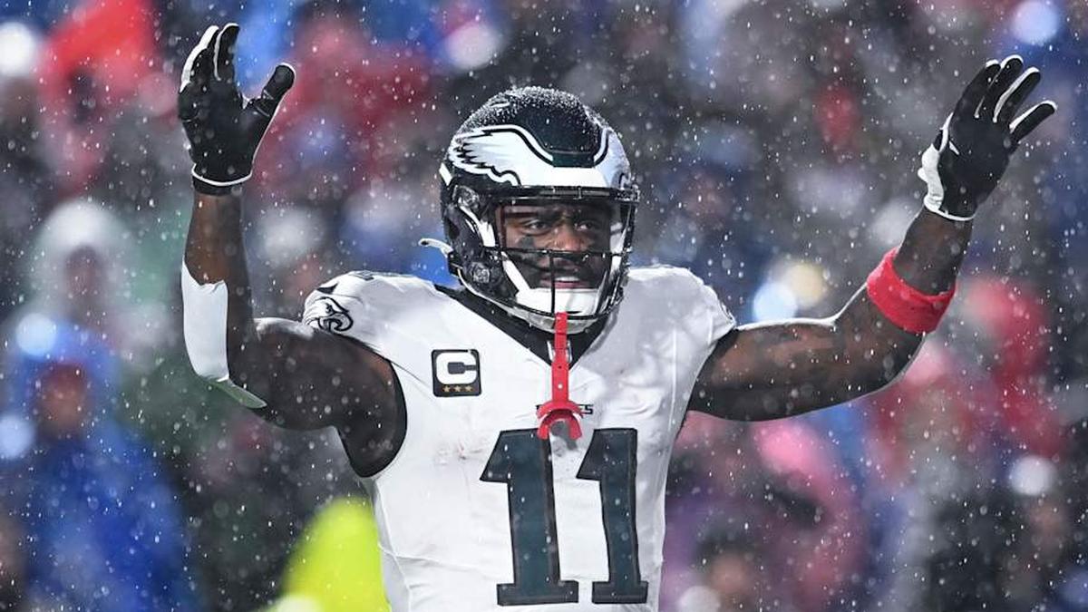  Dec 28, 2025; Orchard Park, New York, USA; Philadelphia Eagles wide receiver A.J. Brown (11) during a timeout in the third quarter against the Buffalo Bills at Highmark Stadium. Mandatory Credit: Mark Konezny-Imagn Images | Mark Konezny-Imagn Images 