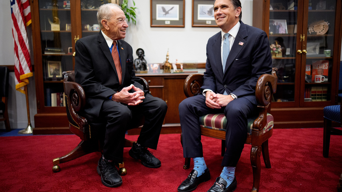 U.S. President Donald Trump's nominee for Attorney General Todd Blanche meets with Senate Judiciary Committee Chair Sen. Chuck Grassley (R-Iowa), left, in his offices on Capitol Hill on Monday, June 15, 2026, in Washington, D.C. (Andrew Harnik/Getty Images/TNS)