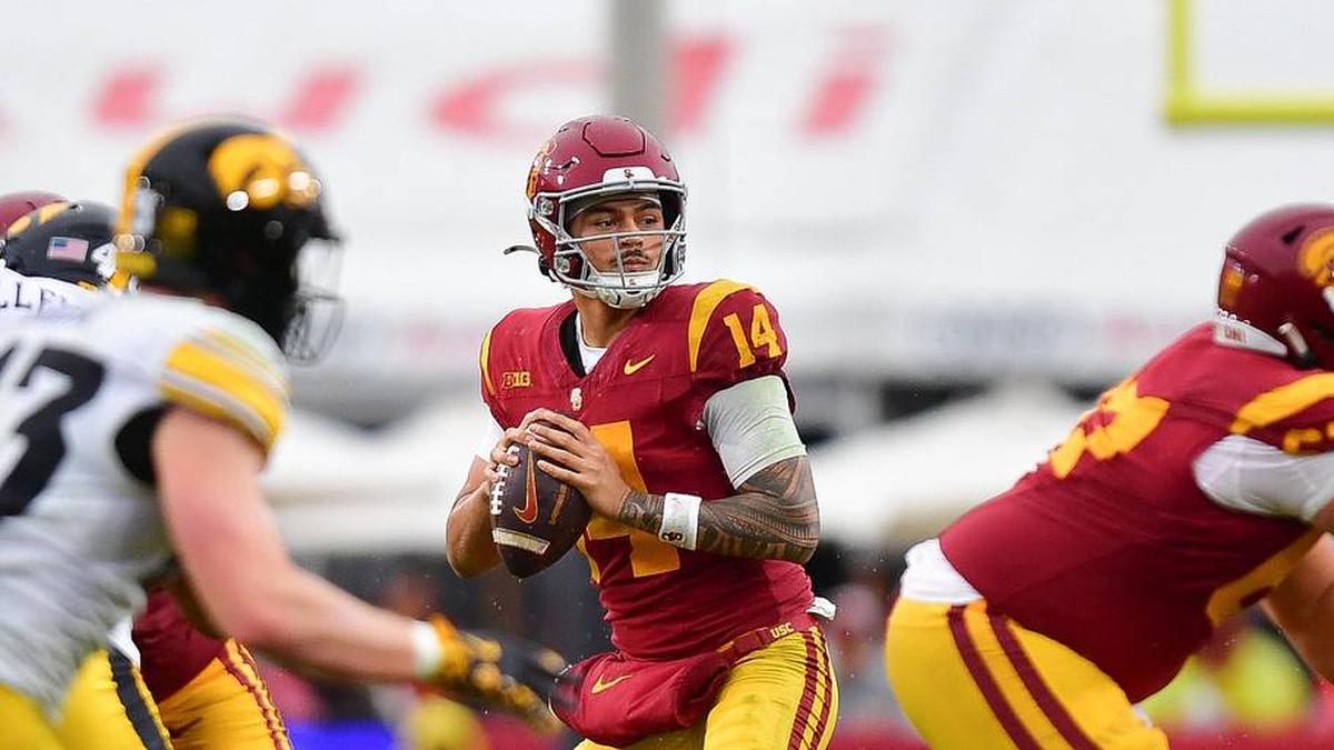  Nov 15, 2025; Los Angeles, California, USA; Southern California Trojans quarterback Jayden Maiava (14) drops back to pass against the Iowa Hawkeyes during the second half at the Los Angeles Memorial Coliseum. Mandatory Credit: Gary A. Vasquez-Imagn Images | Gary A. Vasquez-Imagn Images 