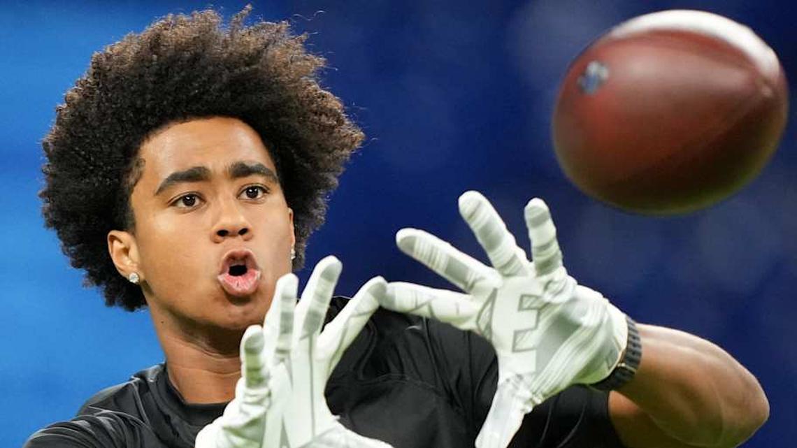  Feb 28, 2026; Indianapolis, IN, USA; Southern California wideout Ja'Kobi Lane (WO27) during the NFL Scouting Combine at Lucas Oil Stadium. Mandatory Credit: Kirby Lee-Imagn Images | Kirby Lee-Imagn Images 