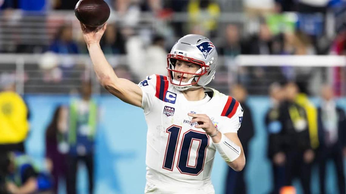 Feb 8, 2026; Santa Clara, CA, USA; New England Patriots quarterback Drake Maye (10) against the Seattle Seahawks during Super Bowl LX at Levi's Stadium. Mandatory Credit: Mark J. Rebilas-Imagn Images | Mark J. Rebilas-Imagn Images 