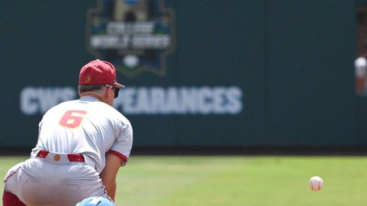  Jun 7, 2026; Chapel Hill, NC, USA; North Carolina Tar Heels infielder Gavin Gallaher (5) slides to take second base against USC Trojans infielder Dean Carpentier (6) during the first inning at Boshamer Stadium. Mandatory Credit: Zachary Taft-Imagn Images | Zachary Taft-Imagn Images 