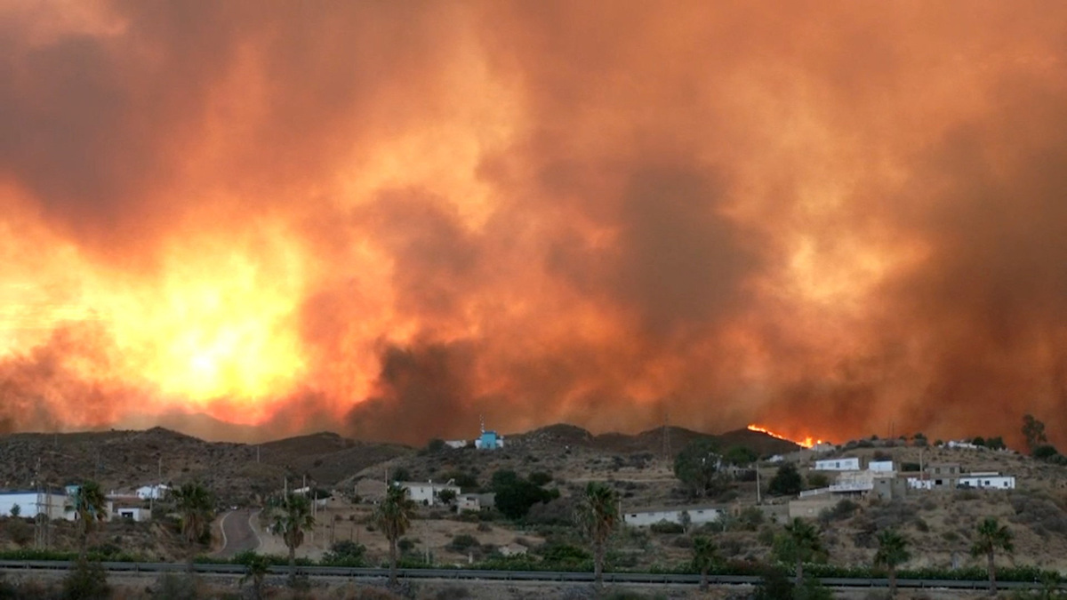 Smoke and flames rise during a wildfire in Los Gallardos, Spain, July 9, 2026 in this screengrab taken from a handout video. Forta/Handout via REUTERS