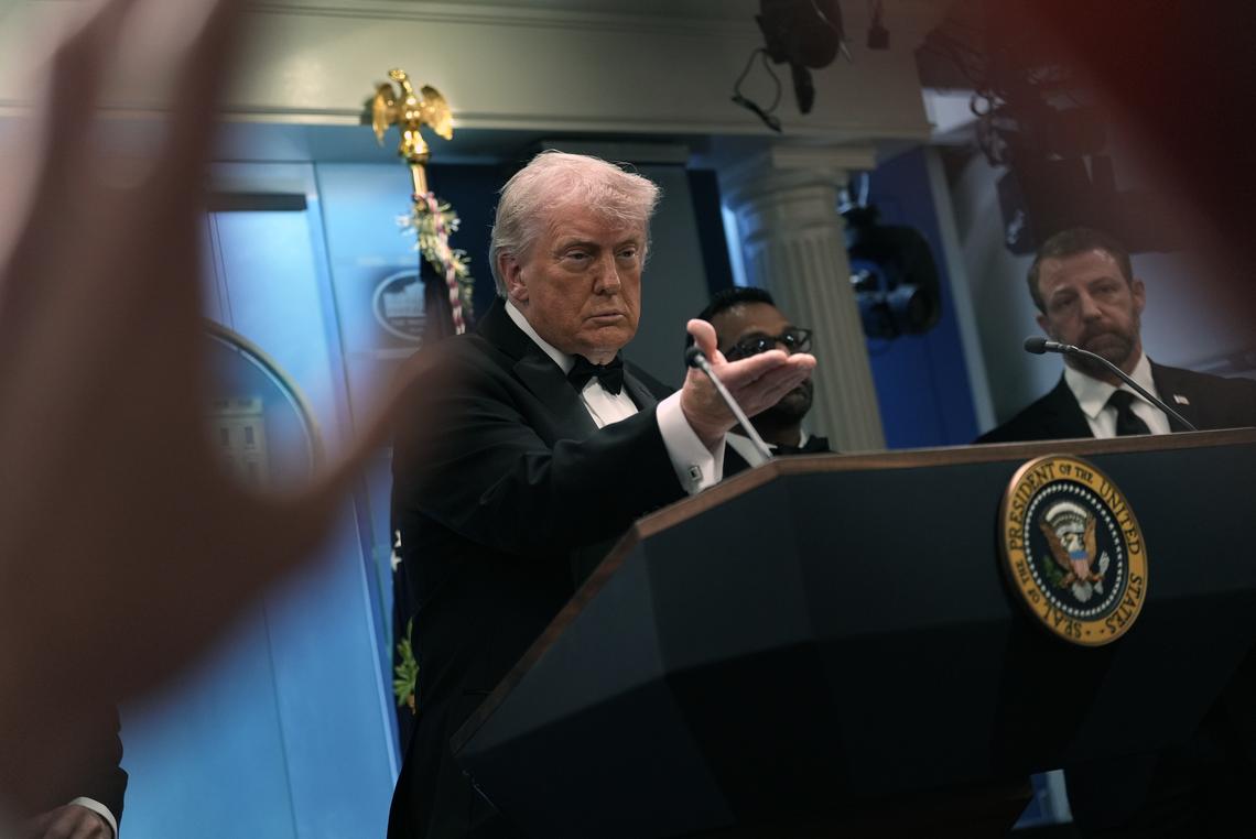 President Donald Trump briefs reporters at the White House after shots were fired during the White House Correspondents' Association dinner at the Washington Hilton in Washington on Saturday, April 25, 2026. Trump was rushed from the stage but was unharmed. (Salwan Georges/The New York Times)