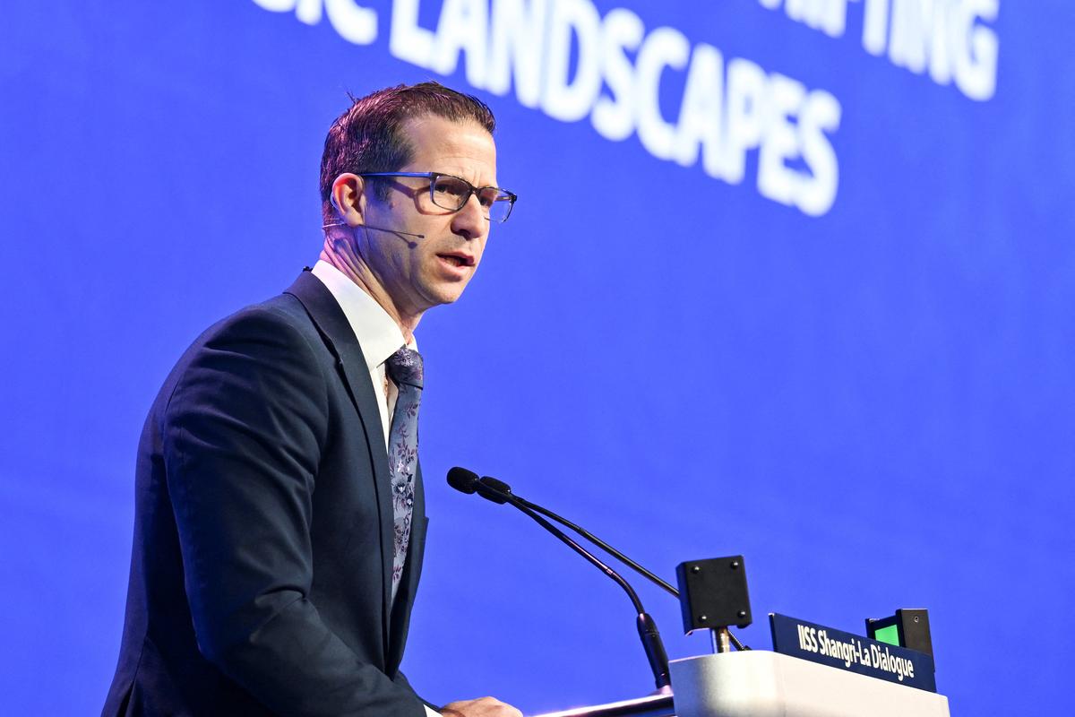 Chris Penk, New Zealand Minister of Defence speaks at the IISS Shangri-La Dialogue security summit in Singapore, May 30, 2026. REUTERS/Caroline Chia