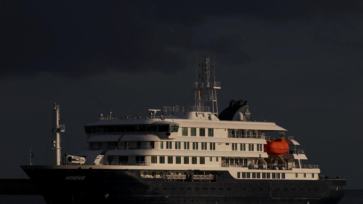 The cruise ship MV Hondius, affected by a hantavirus outbreak, at the port of Granadilla de Abona, in Tenerife, Spain, May 10, 2026. REUTERS/Hannah McKay