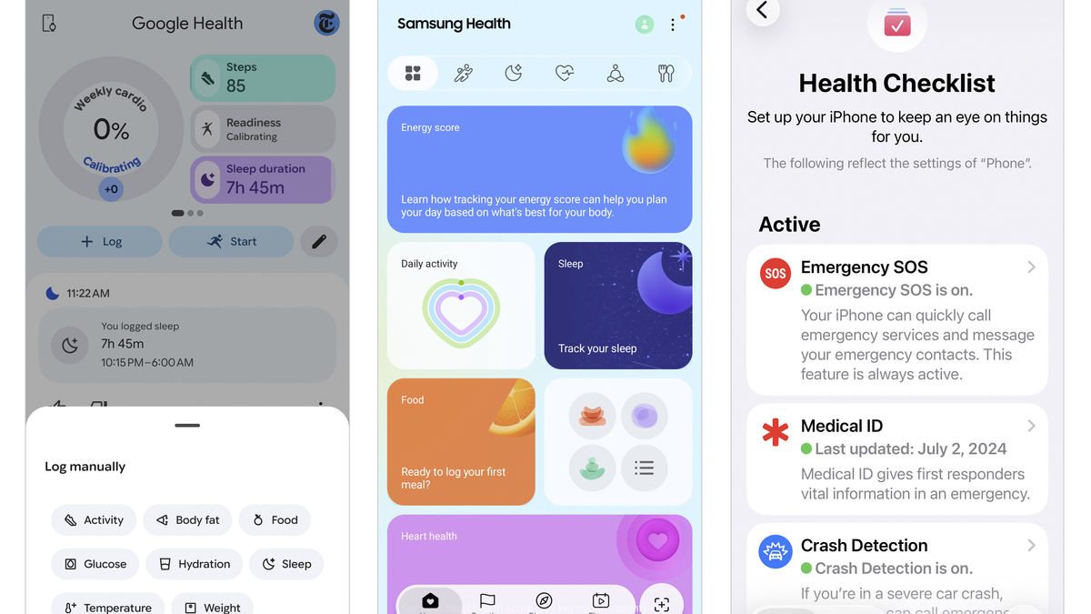 In a combination of images from Google, Samsung and Apple, from left, the Google Health, Samsung Health and Apple's Health apps. The apps offer plenty of tools and features to help you manage your diet, exercise and personal safety.