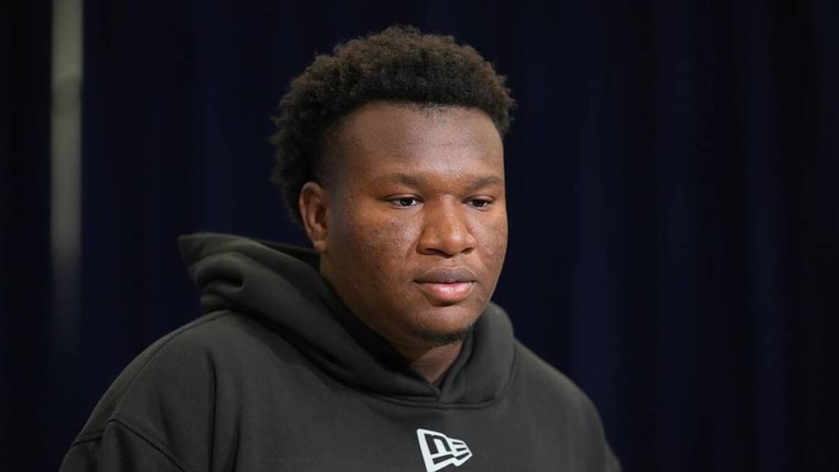  Feb 25, 2026; Indianapolis, IN, USA; NC State defensive lineman Brandon Cleveland (DL06) speaks during the NFL Scouting Combine at the Indiana Convention Center. Mandatory Credit: Kirby Lee-Imagn Images | Kirby Lee-Imagn Images 