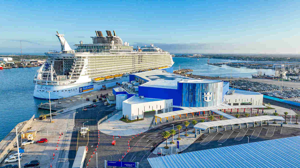 Allure of the Seas docked at Royal Caribbean's cruise terminal in Galveston, Texas.