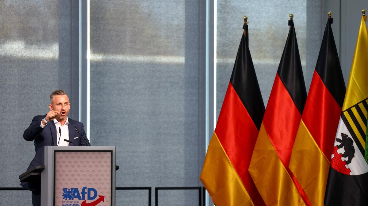 Ulrich Siegmund, top candidate of the far-right Alternative for Germany (AfD) party in Germany's Saxony-Anhalt state election, speaks at a party convention in Magdeburg, Germany, April 11, 2026. REUTERS/Christian Mang