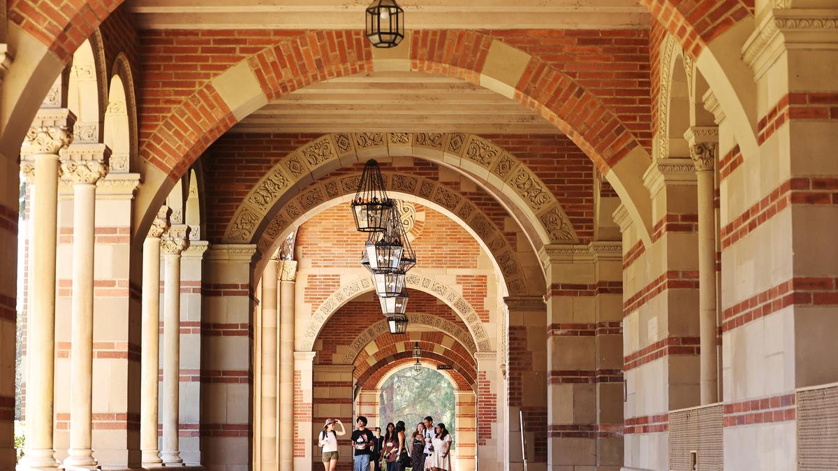 People walk outside Royce Hall, the site of 2024 pro-Palestinian protests, on the UCLA campus on July 30, 2025, in Los Angeles. (Mario Tama/Getty Images/TNS)