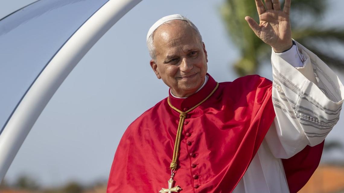 Pope Leo XIV waves during a welcome ceremony at Quatro de Fevereiro International Airport in Luanda, Angola, Saturday. The Pope is on an 11-day trip to Africa, with stops in Algeria, Cameroon, Angola and Equatorial Guinea. Photo by Jose Sena Goulao/EPA