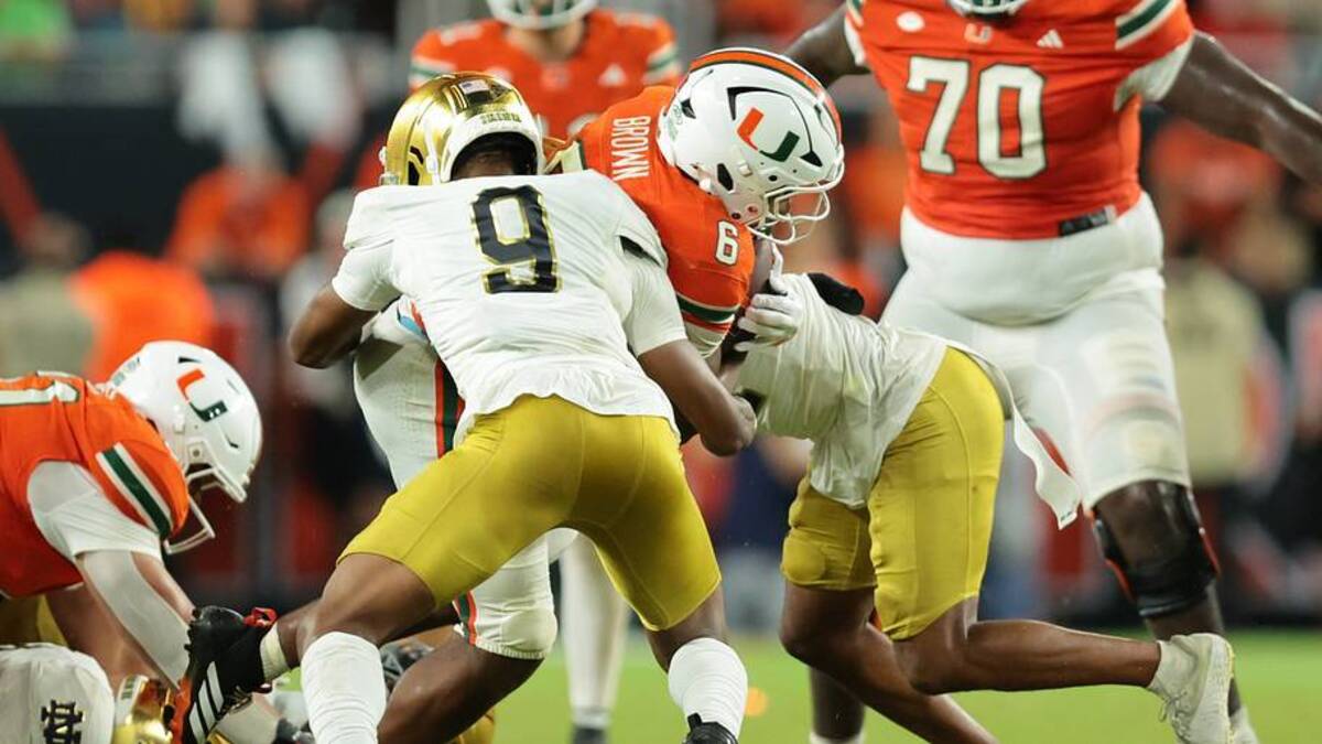  Aug 31, 2025; Miami Gardens, Florida, USA; Miami Hurricanes running back CharMar Brown (6) rushes the ball against the Notre Dame Fighting Irish at Hard Rock Stadium. Mandatory Credit: Sam Navarro-Imagn Images | IMAGN IMAGES via Reuters Connect 