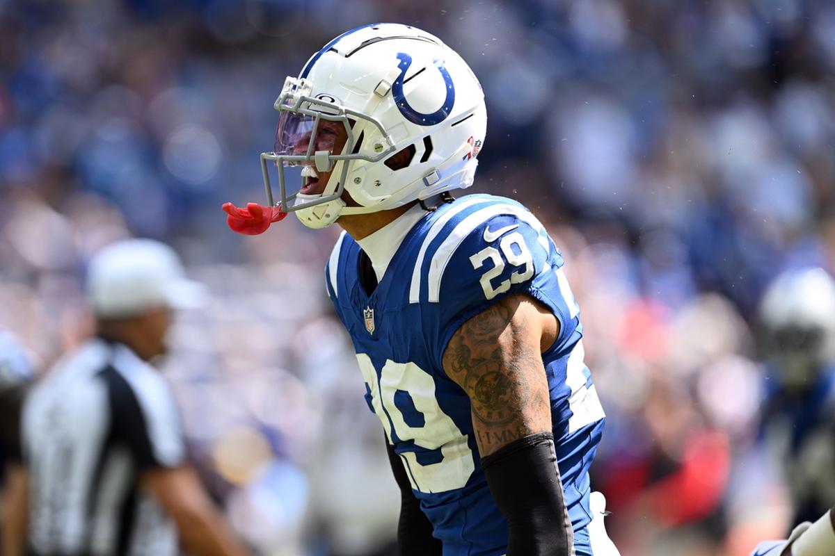 Indianapolis, Indiana, USA; Indianapolis Colts cornerback JuJu Brents (29) celebrates a stop during the second half against the Houston Texans at Lucas Oil Stadium. Mandatory Credit: Marc Lebryk-Imagn Images