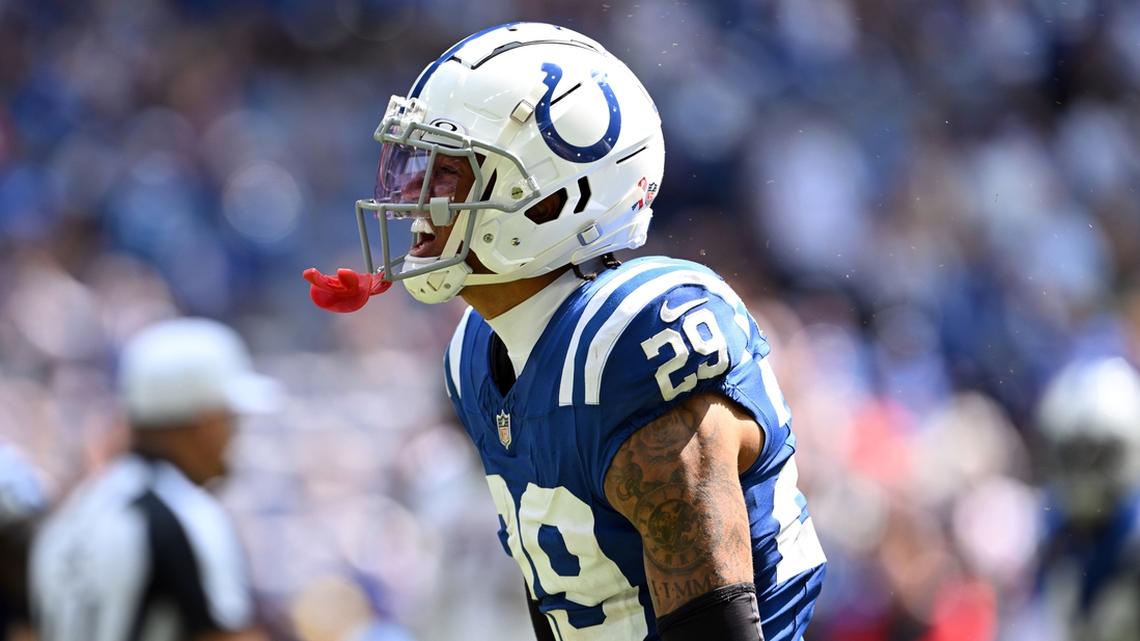 NFL: Houston Texans at Indianapolis Colts. Sep 8, 2024; Indianapolis, Indiana, USA; Indianapolis Colts cornerback JuJu Brents (29) celebrates a stop during the second half against the Houston Texans at Lucas Oil Stadium. Mandatory Credit: Marc Lebryk-Imagn Images