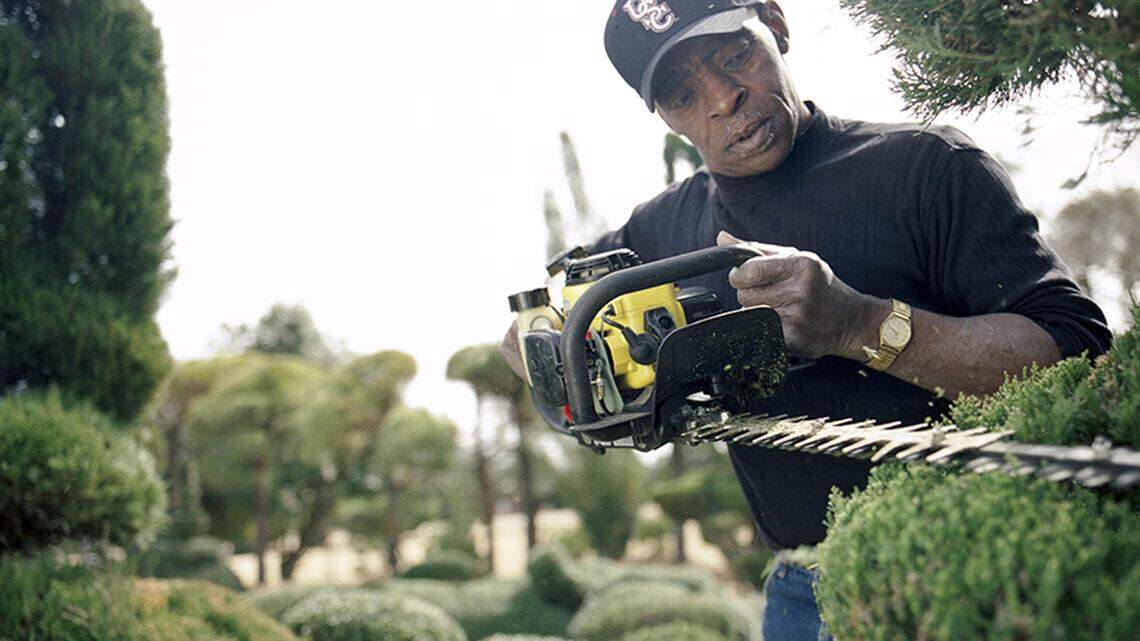Pearl Fryar, a self-trained topiary artist, at work in his yard in Bishopville, S.C., on March 9, 2005. Fryar, a charismatic factory worker and self-taught topiary artist who turned a former cornfield in South Carolina into a world-famous garden featuring shrubs and trees that he coaxed into towering Seussian swirls, enticing Cubist forms and other uncanny shapes, died on April 4. He was 86.