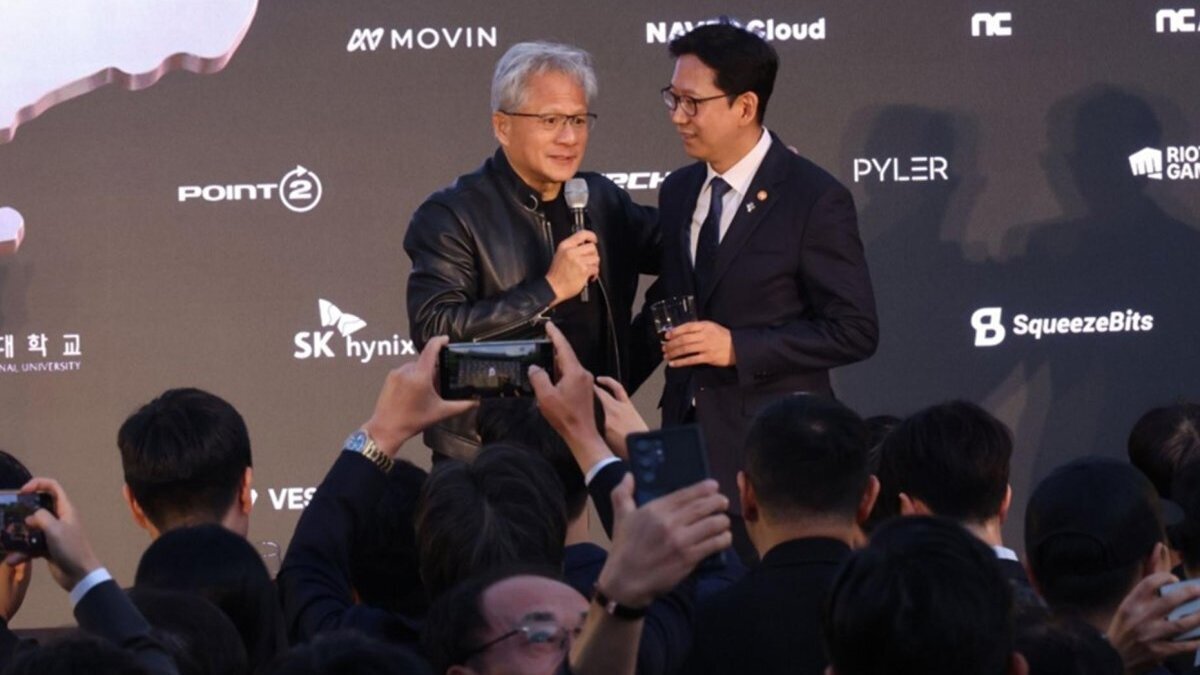 Nvidia CEO Jensen Huang (L) speaks next to Science Minister Bae Kyung-hoon during the Korea AI Ecosystem Reception in Seoul, South Korea, 08 June 2026. Photo by YONHAP / EPA