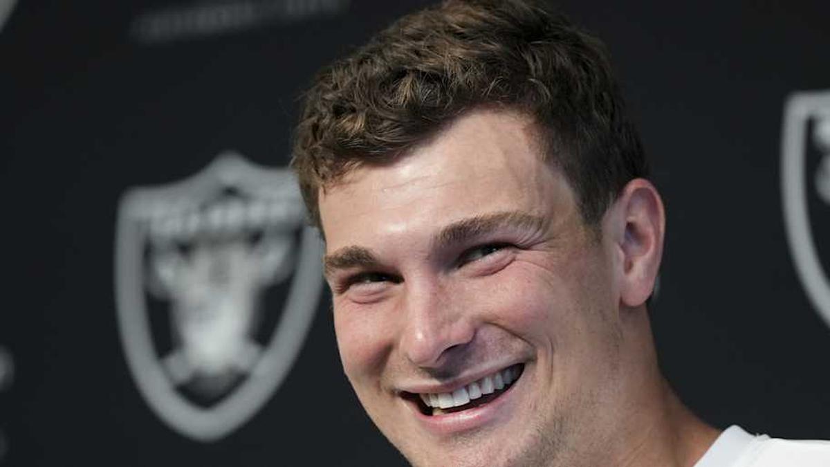  May 2, 2026; Henderson, NV, USA; Las Vegas Raiders quarterback Fernando Mendoza (15) speaks during a news conference at the team's Rookie Minicamp at Intermountain Health Performance Center. Mandatory Credit: Candice Ward-Imagn Images | Candice Ward-Imagn Images 