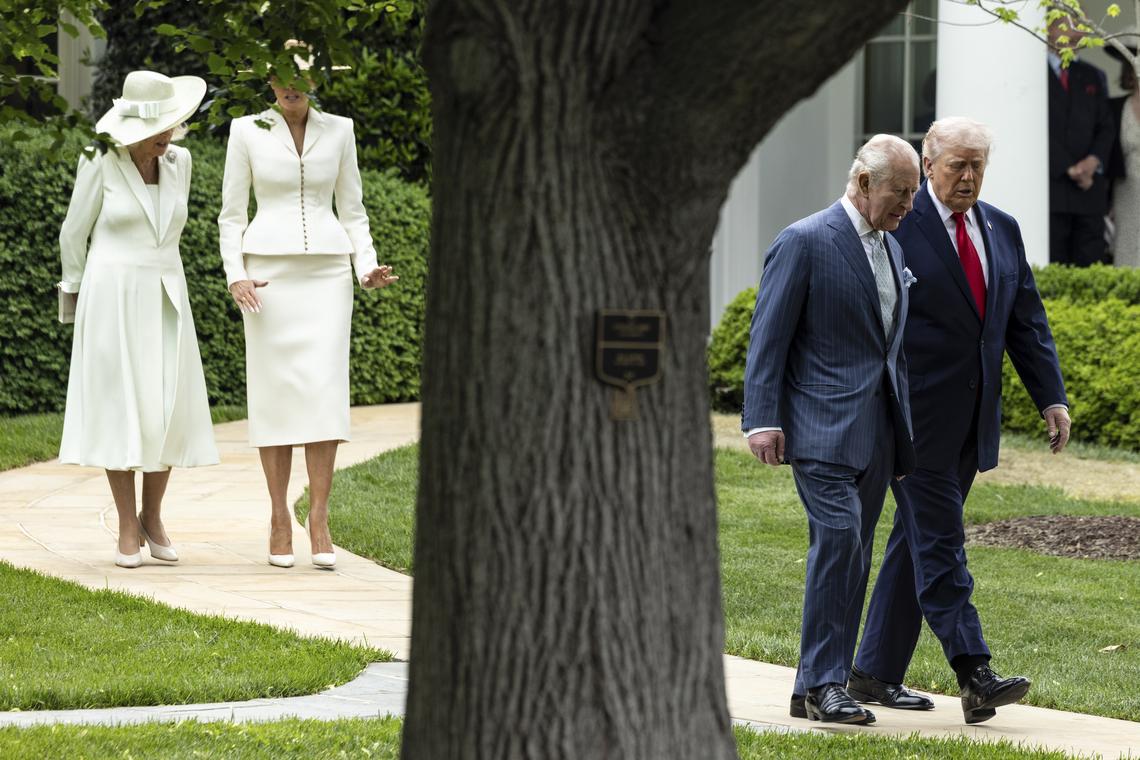 President Donald Trump, right, walks King Charles III and first lady Melania Trump, second from left, walks Queen Camilla to their vehicle after a visit to the White House in Washington, on Tuesday, April 28, 2026. (Anna Rose Layden/The New York Times)