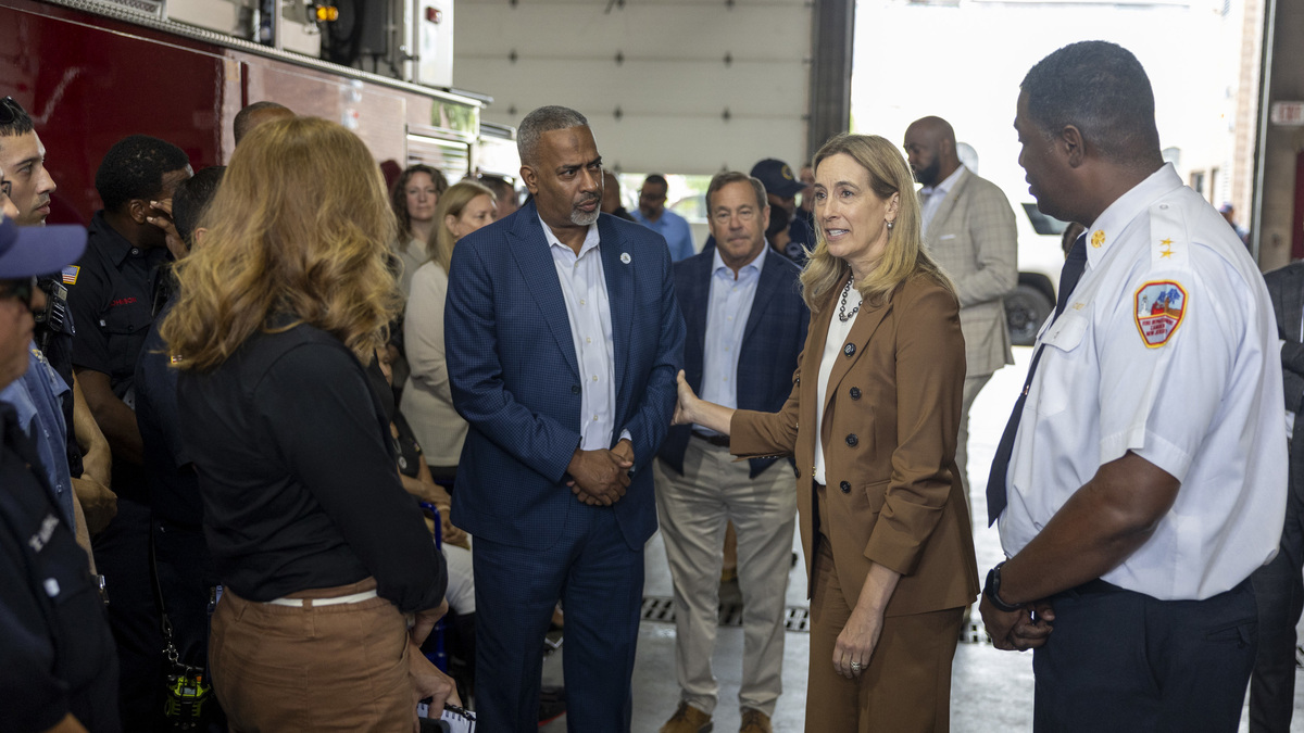New Jersey Gov. Mikie Sherrill thanks first responders for the work they did on the recent rainfall and flooding in the area at the Fire Administration Building in Camden, N.J., on Tuesday, July 7, 2026. (Tyger Williams/The Philadelphia Inquirer/TNS)