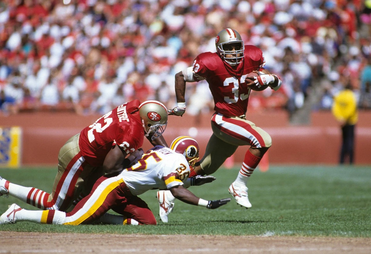  San Francisco 49ers running back Roger Craig and Guy McIntyre in action against Washington Redskins defensive back Martin Mayhew at Candlestick Park. Peter Brouillet-USA TODAY NETWORK