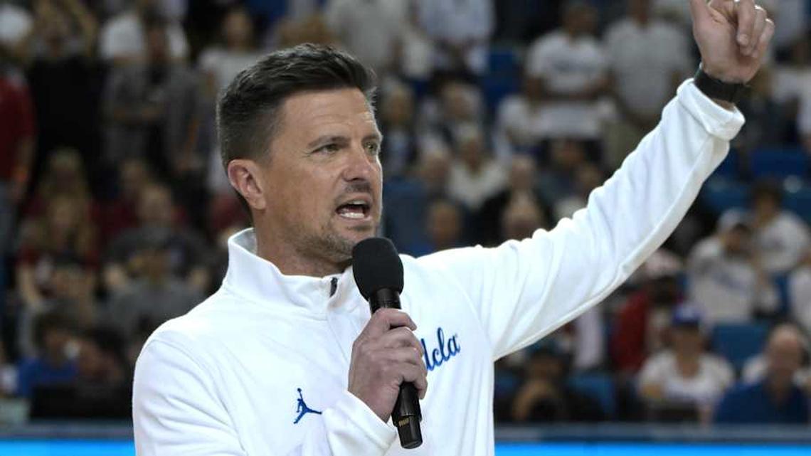  Jan 31, 2026; Los Angeles, California, USA; UCLA Bruins head football coach Bob Chesney is introduced during the basketball game against the Indiana Hoosiers at Pauley Pavilion presented by Wescom Financial. Mandatory Credit: Jayne Kamin-Oncea-Imagn Images | Jayne Kamin-Oncea-Imagn Images 