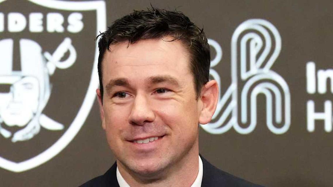  Feb 10, 2026; Henderson, NV, USA; Las Vegas Raiders coach Klint Kubiak speaks at introductory press conference at Intermountain Health Performance Center. Mandatory Credit: Kirby Lee-Imagn Images | Kirby Lee-Imagn Images 