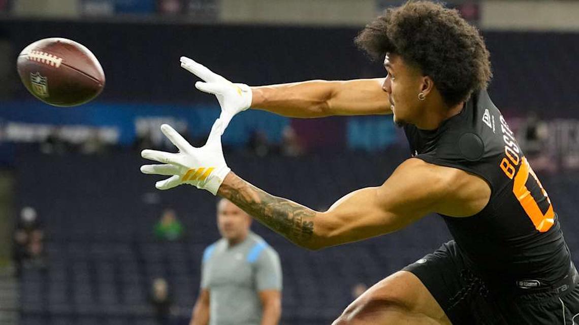  Feb 28, 2026; Indianapolis, IN, USA; Washington wideout Denzel Boston (WO08) during the NFL Scouting Combine at Lucas Oil Stadium. Mandatory Credit: Kirby Lee-Imagn Images | Kirby Lee-Imagn Images 