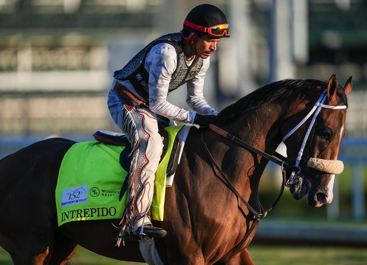  2026 Kentucky Derby horse Intrepido with exercise rider Alex Galindo working at Churchill Downs. © Matt Stone/Courier Journal / USA TODAY NETWORK via Imagn Images