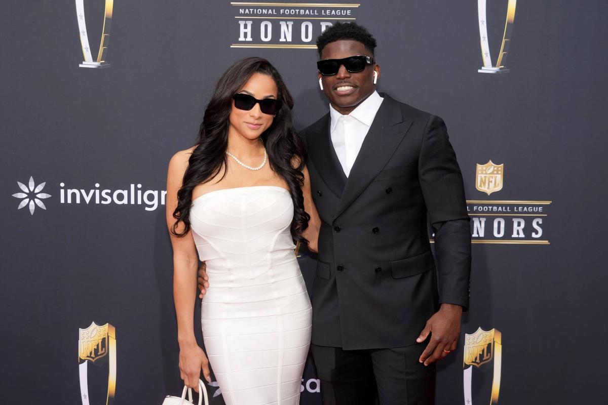  Feb 8, 2024; Las Vegas, NV, USA; Miami Dolphins wide receiver Tyreek Hill with his wife Keeta Vaccaro on the red carpet before the NFL Honors show at Resorts World Theatre. Mandatory Credit: Kirby Lee-USA TODAY Sports 