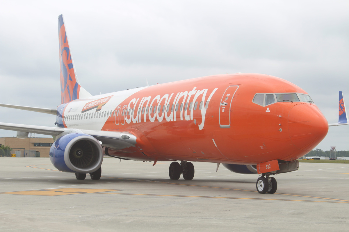 A Sun Country Airlines plane at Minneapolis-St. Paul International Airport.