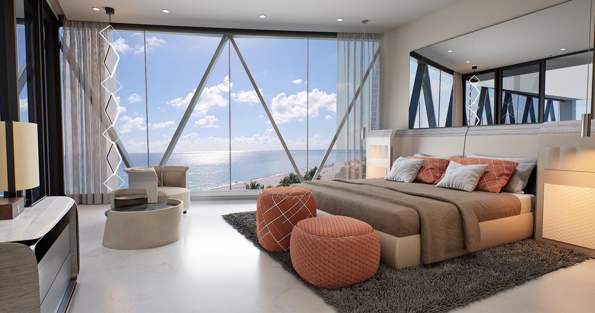  A bedroom at the Bentley Residences tower in Miami. 