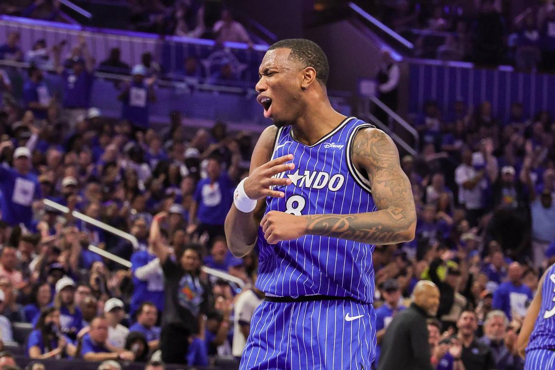  Orlando Magic forward Jamal Cain (8) reacts after dunking the ball during the second half against the Detroit Pistons during game four of the first round of the 2026 NBA Playoffs. 
