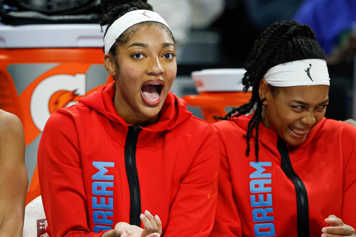  Angel Reese reacts from the bench during an Atlanta Dream game. Kamil Krzaczynski-Imagn Images