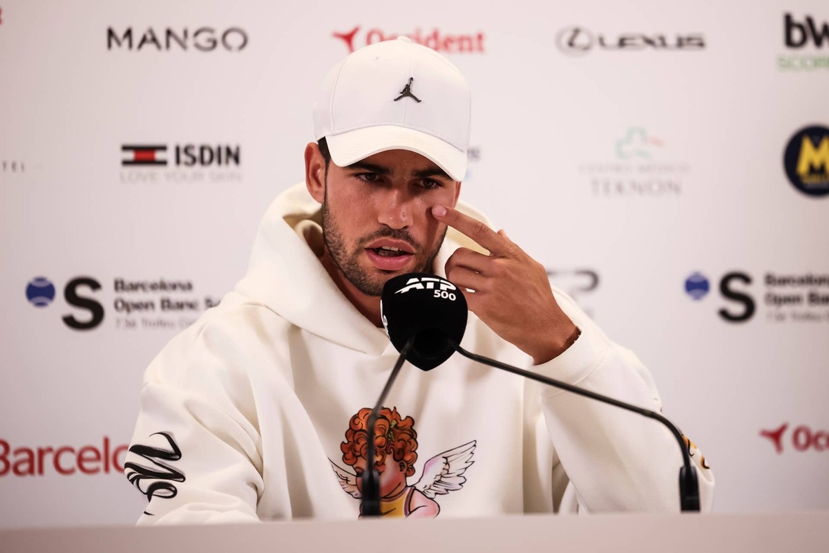  Carlos Alcaraz of Spain attends a press conference to announce his withdrawal from the 2026 Barcelona Open. (Photo By Javier Borrego/Europa Press via Getty Images)