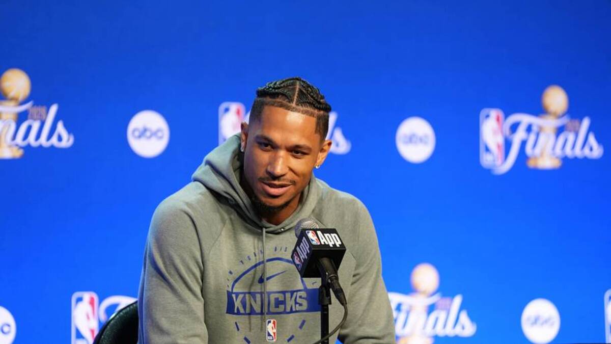  Jun 2, 2026; San Antonio, TX, USA; New York Knicks guard Josh Hart (3) talks to the press during media day for the 2026 NBA Finals at Frost Bank Center. | Daniel Dunn-Imagn Images 