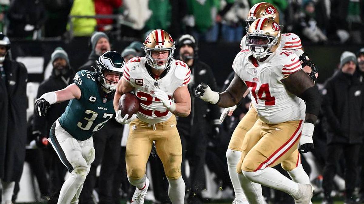  Jan 11, 2026; Philadelphia, PA, USA; San Francisco 49ers running back Christian McCaffrey (23) carries the ball against the Philadelphia Eagles during the fourth quarter in an NFC Wild Card Round game at Lincoln Financial Field. Mandatory Credit: Eric Hartline-Imagn Images | Eric Hartline-Imagn Images 
