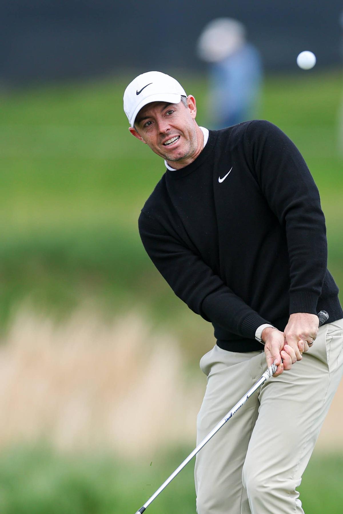  NEWTOWN SQUARE, PA - MAY 14: Rory McIlroy hits his shot on the eighth hole during the first round of the PGA Championship at Aronimink Golf Club on Thursday, May 14, 2026 in Newtown Square, Pennsylvania. (Photo by Maddie Meyer/PGA of America)