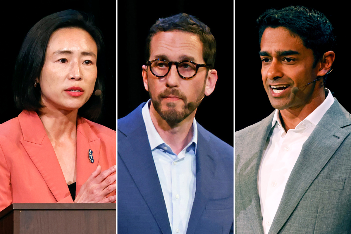  Connie Chan, Scott Wiener Saikat Chakrabarti participate in a debate on March 31, 2026 in San Francisco. 