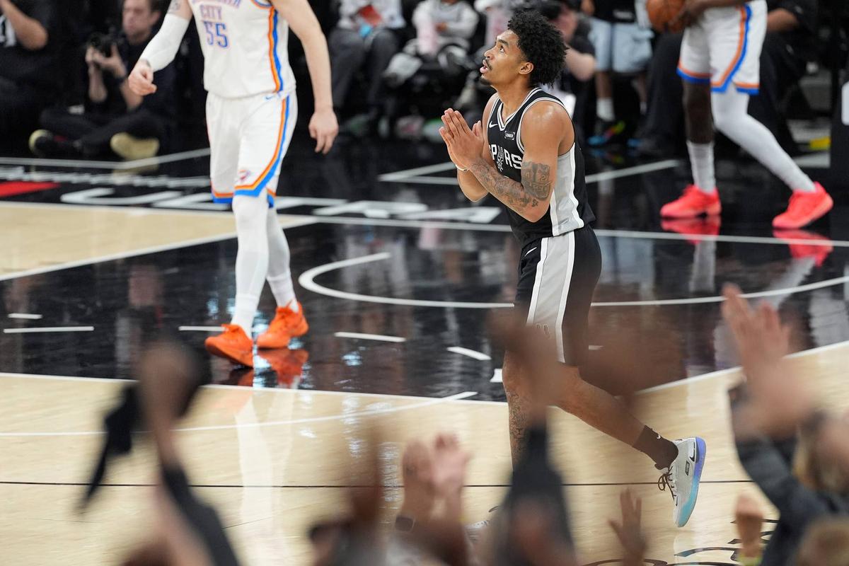  San Antonio Spurs guard Dylan Harper during game six of the Western Conference finals for the 2026 NBA playoffs at Frost Bank Center. Daniel Dunn-Imagn Images