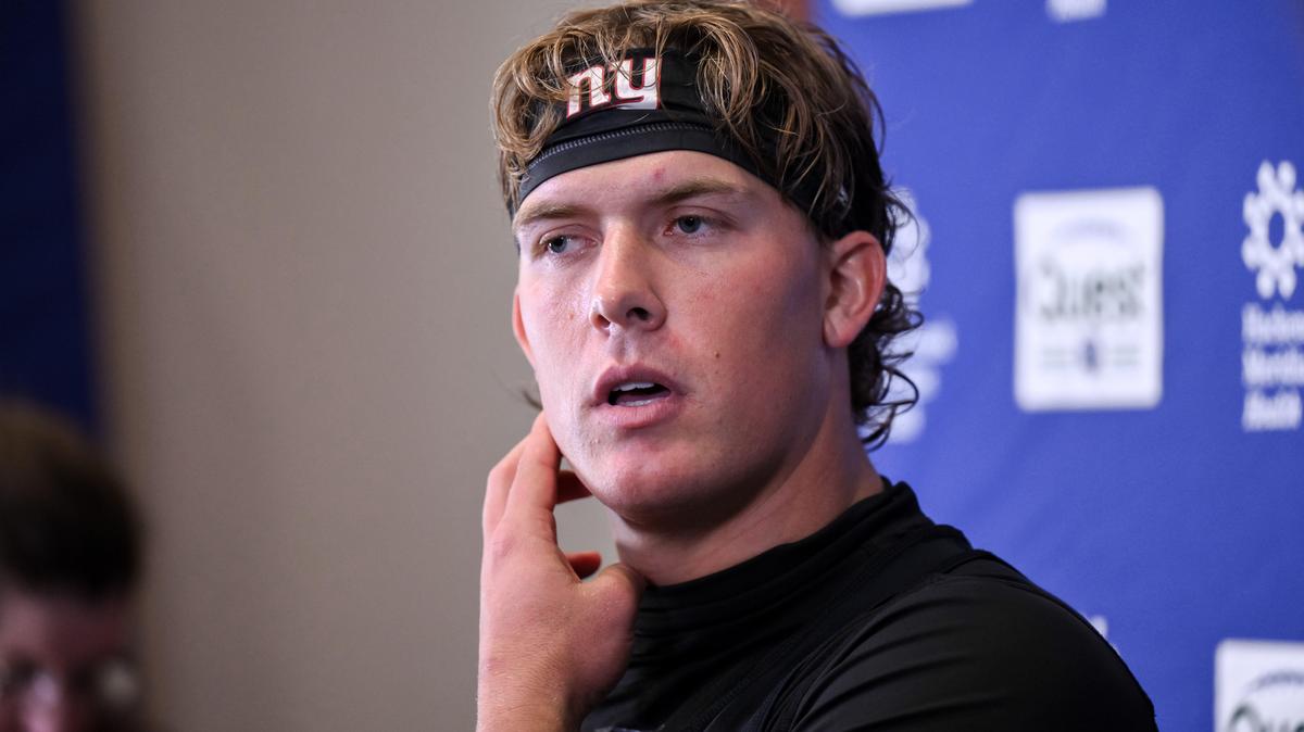 May 21, 2026; East Rutherford, NJ, USA; New York Giants quarterback Jaxson Dart (6) speaks at a press conference during organized team activities at Quest Diagnostics Training Center. Mandatory Credit: John Jones-Imagn Images